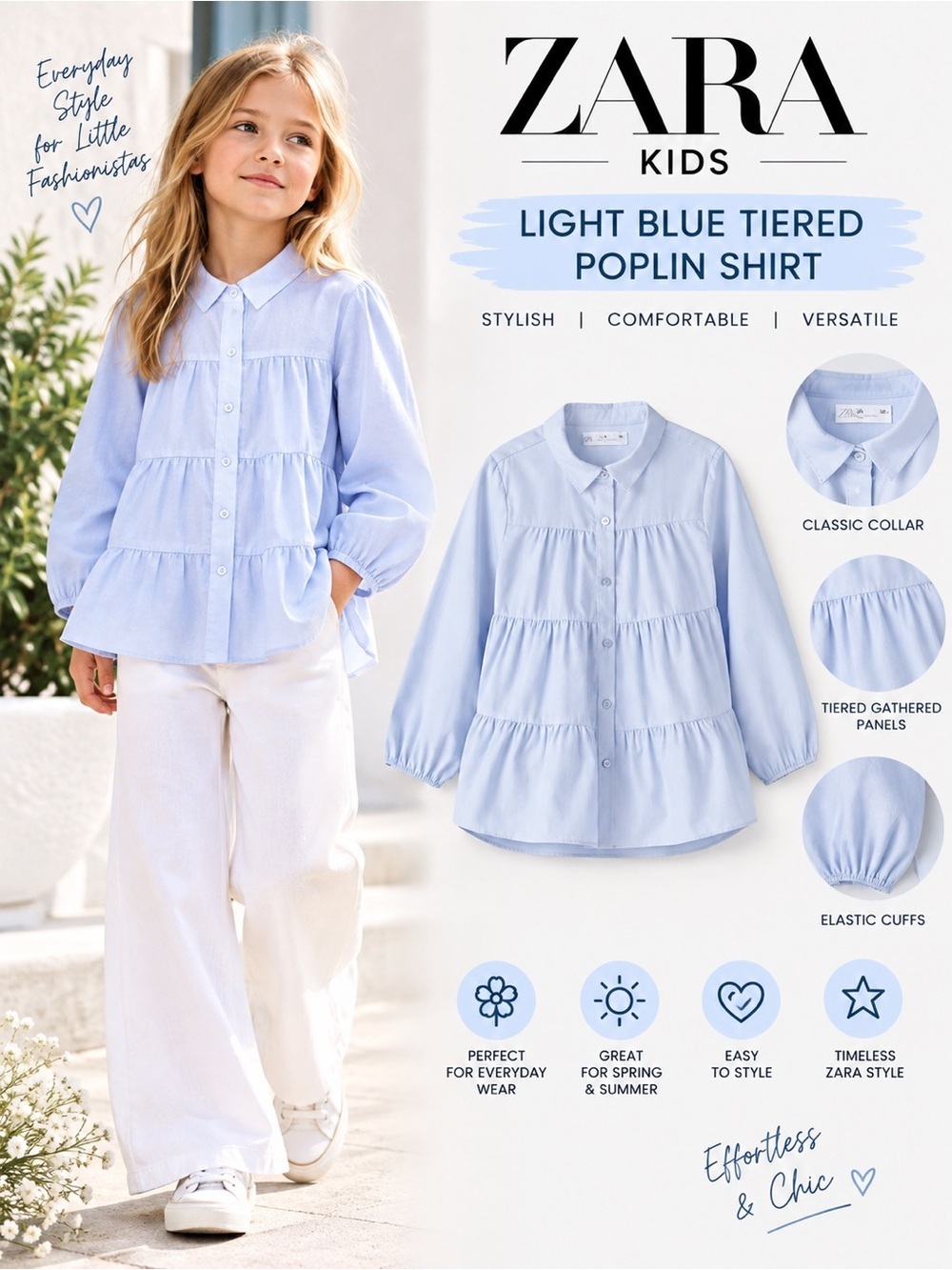 ZARA Kids Light Blue Tiered Poplin Button Down Shirt NWT Size 9 6112/020